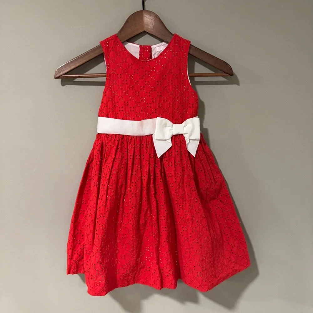 Janie and Jack Eyelet Bow Sleeveless‎ Dress in Vintage Red Size 3
